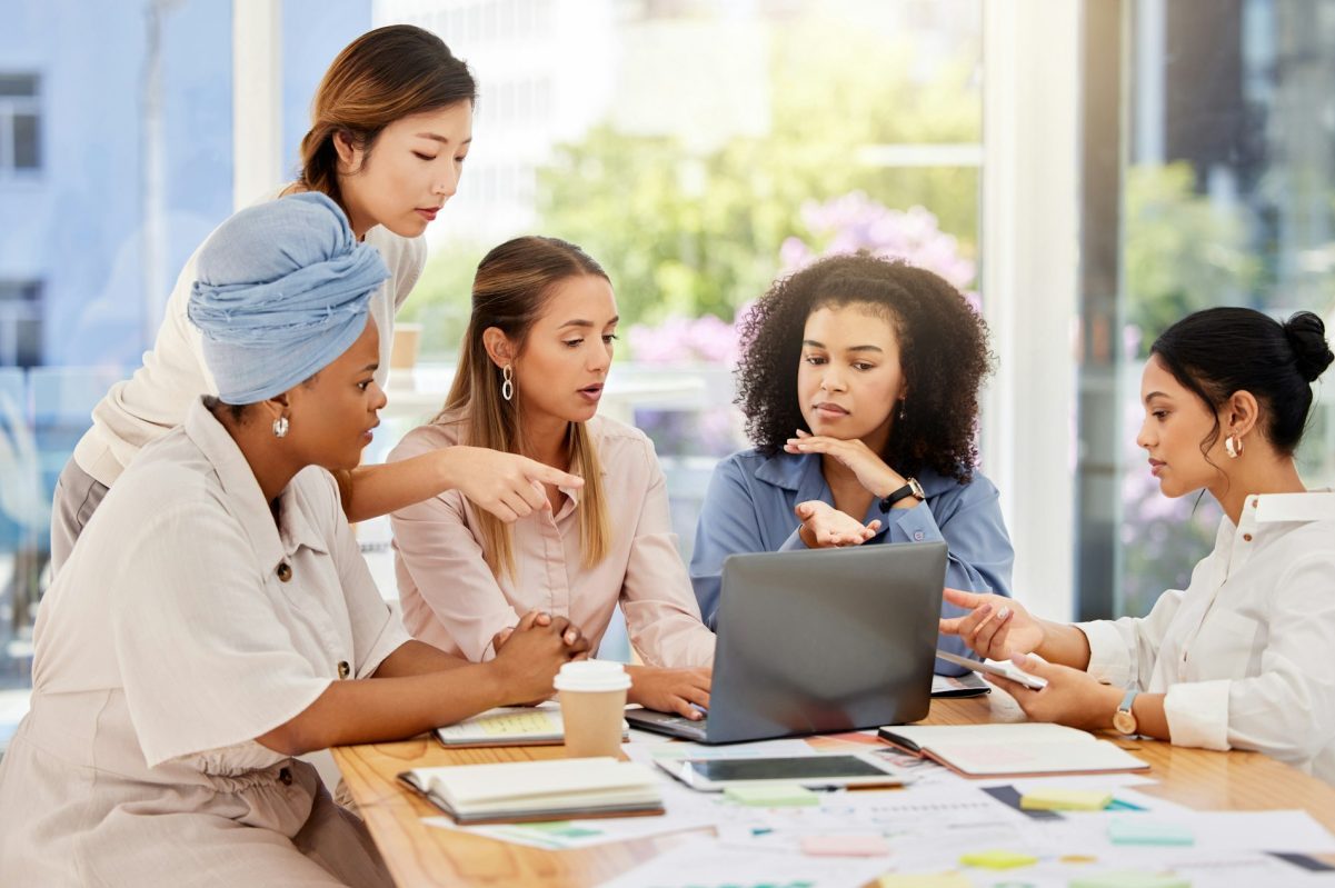 Digital marketing, creative business women planning, collaboration and marketing ideas brainstormin